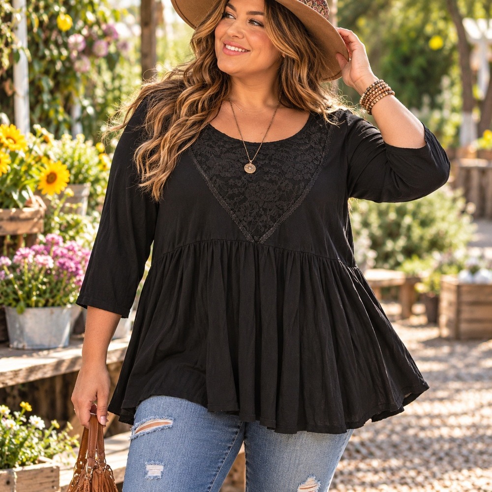 Torrid Super Soft Knits Tunic Womens 3 Black Lace Inset Babydoll 3/4 Sleeve Top‎